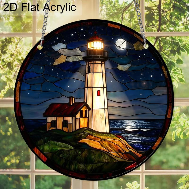Acrylic Night Lighthouse By The Sea Suncatcher, Stained Glass Style Window Hanging Ornament for Nautical and Ocean Lovers