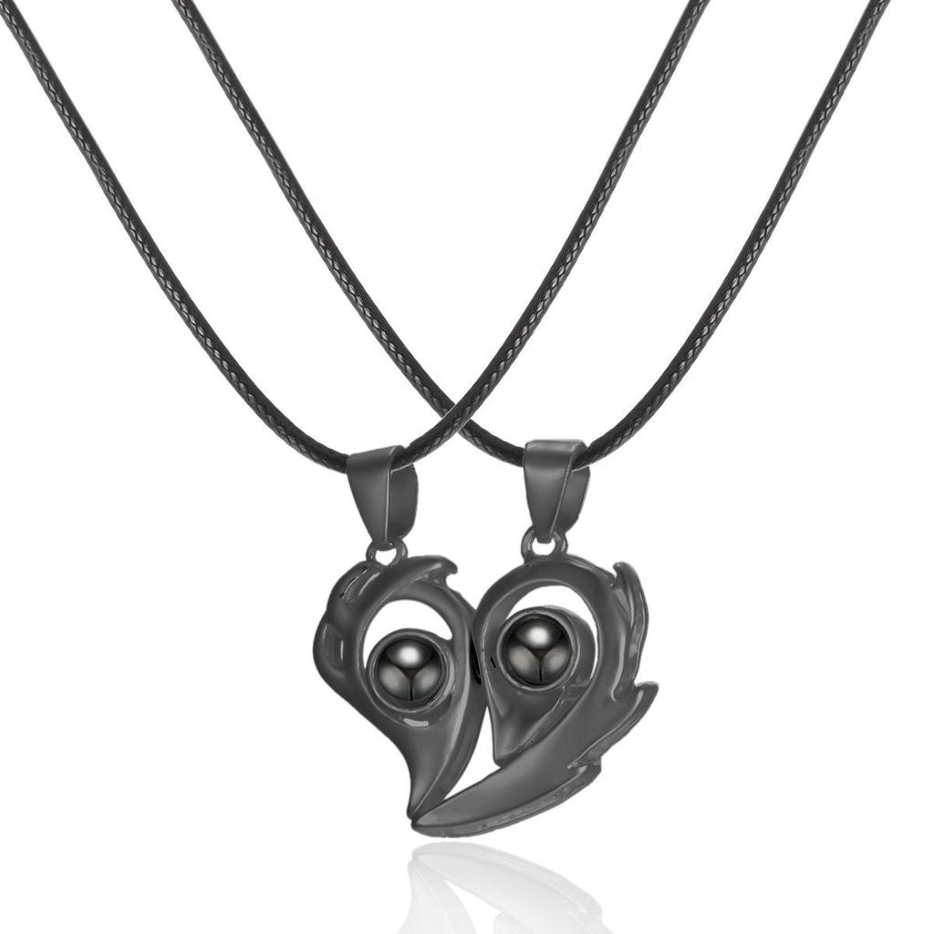 Sun & Moon Magnet Couple Necklace with Heart-Shaped Projection 'I Love You' In 100 Languages
