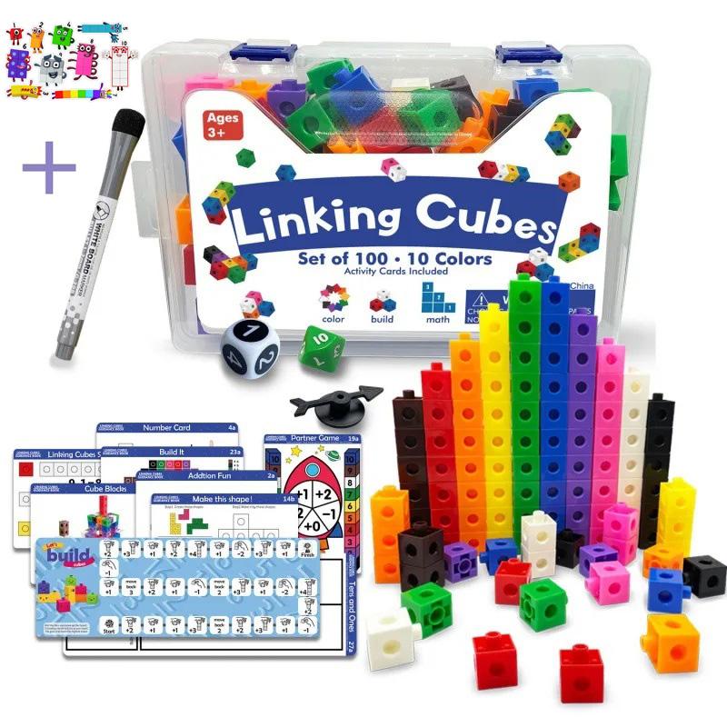 Linking Cubes Math Blocks Toy with Activity Cards 100pcs Numbers Counting Set Snap Toy Counters Kids Educational Learning Gifts