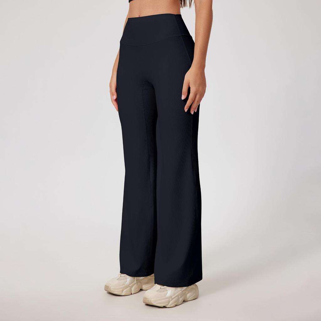 European and American High-Waisted Ribbed Micro-Flared Fitness Pants for Women