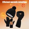 3Pcs/Set Winter Hat Scarf Gloves Set Solid Color Thickened Warm Plush Lining Elastic Brimless Hat Long Scarf Knitting Gloves Set