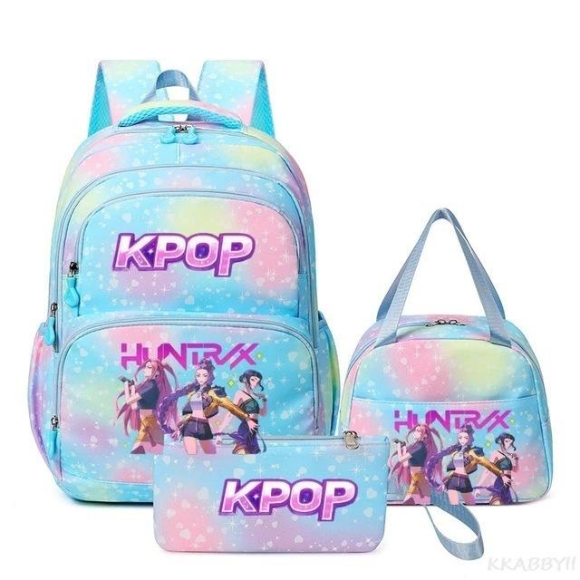 Трехкомпонентный набор K-pop Девушка-Охотник на Демонов Цветной Школьный Рюкзак Сумка для Ланча Пенал Подарочная Коробка