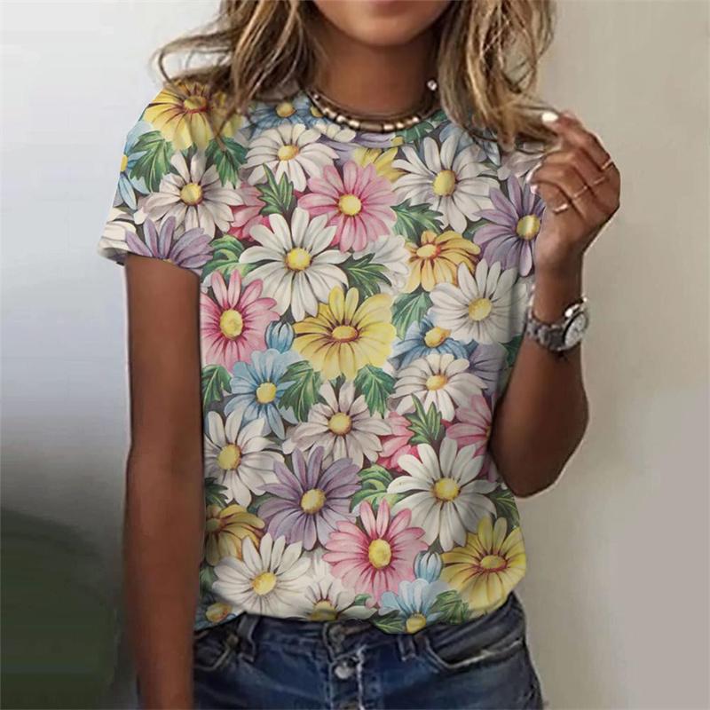 3D Printed Flower T Shirt For Women Floral Graphic Short Sleeves Summer Fashion Street O-Neck Tees Tops Loose Oversize T-Shirts