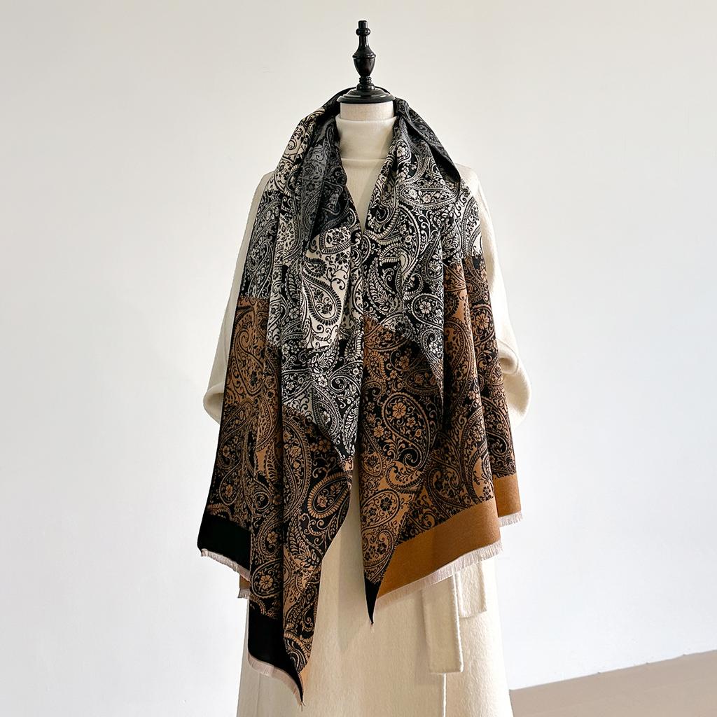 Women's Vintage Floral Print Neckerchief - Tasseled Color-Block Faux Cashmere Scarf, Comfortable Double-Layer Shawl