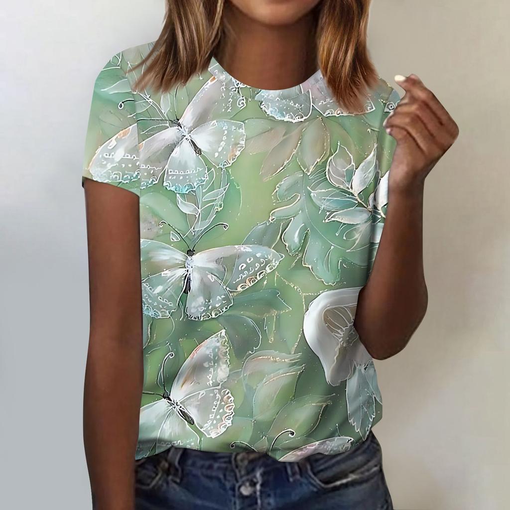 Women's Fashion Casual Short Sleeve Flower Print Round Neck Pullover Top Blouse