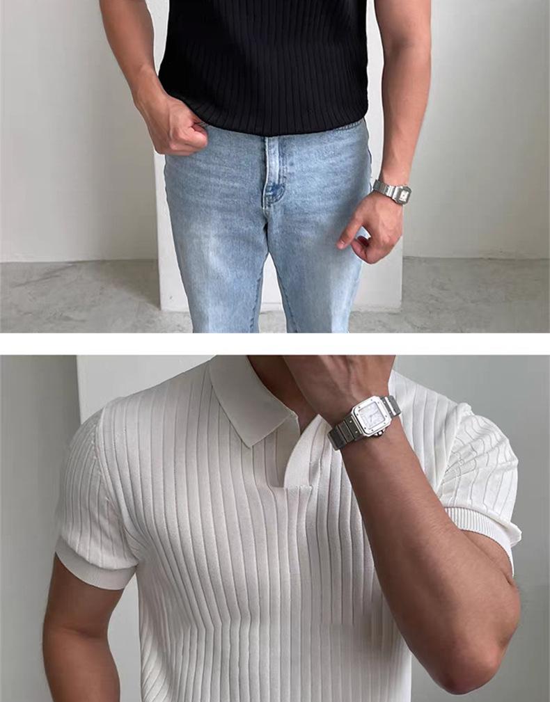 Men's Summer Slim Fit Korean Style Short Sleeve Polo Shirt, Turn-Down Collar, Solid Color, Casual Temperament.