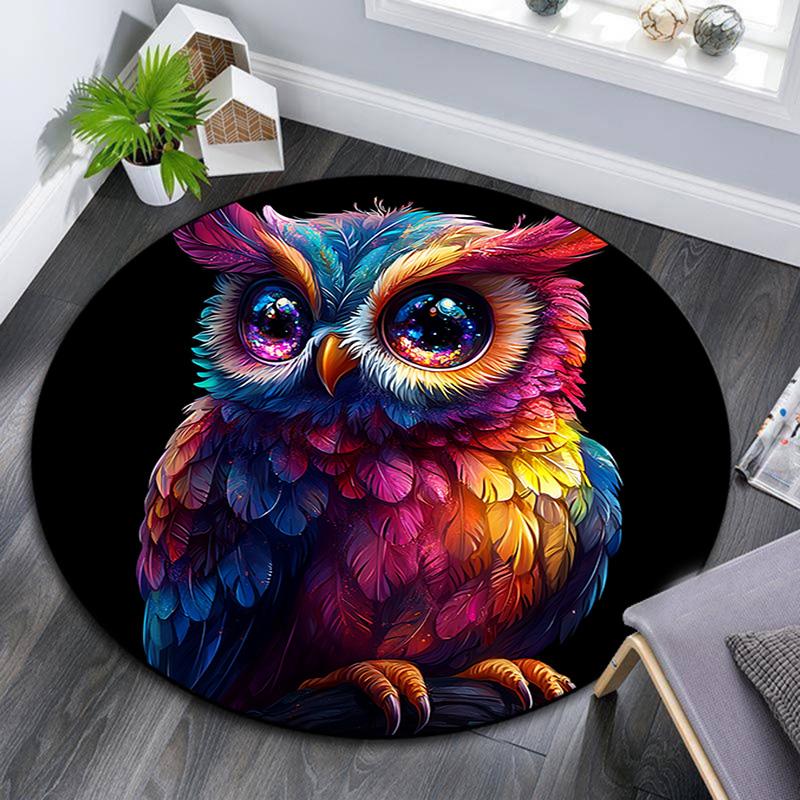 Owl Artwork Round Area Rug,Carpet Rug for Living Room Bedroom Sofa Playroom Decor,Non-slip Floor Mat