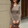 Платье-свитер с V-образным вырезом, элегантное трикотажное мини-платье с V-образным вырезом для офисных вечеринок на осень-зиму, облегающее платье-футляр с переплетенной текстурой
