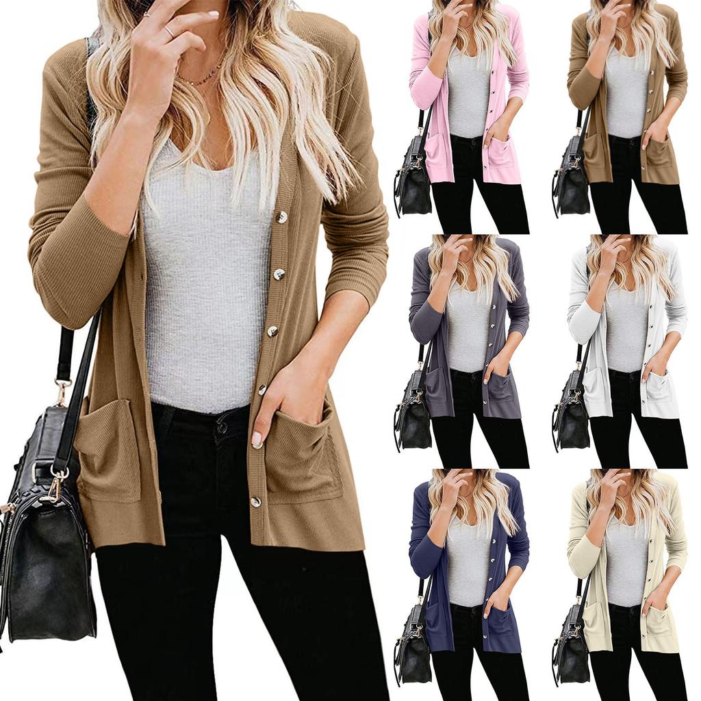 Women's Long Sleeve Tops Casual Shirts Button Down Pockets Basic Ribbed Knit T Shirts Cardigan