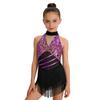 Kids Girls Cha-cha Salsa Latin Dance Costume Shiny Sequins Halter Sleeveless Mesh Waist Keyhole Metallic Back Tassels Leotard Dancewear