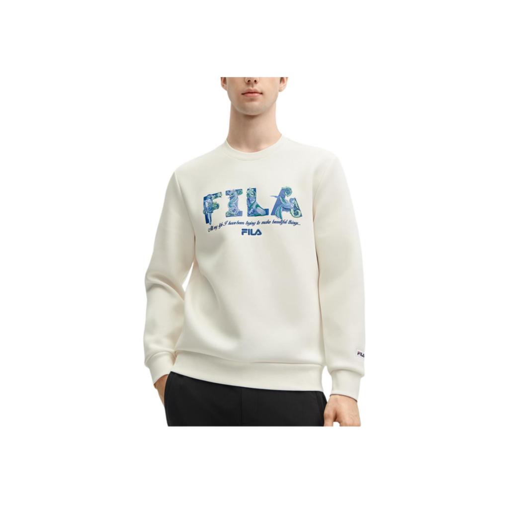 Fila X V&A Morgan Series Цветочный узор с птицами Свитшот с круглым вырезом в американском стиле Повседневный вязаный пуловер Мужской свитшот Белый F11M418201F-IV