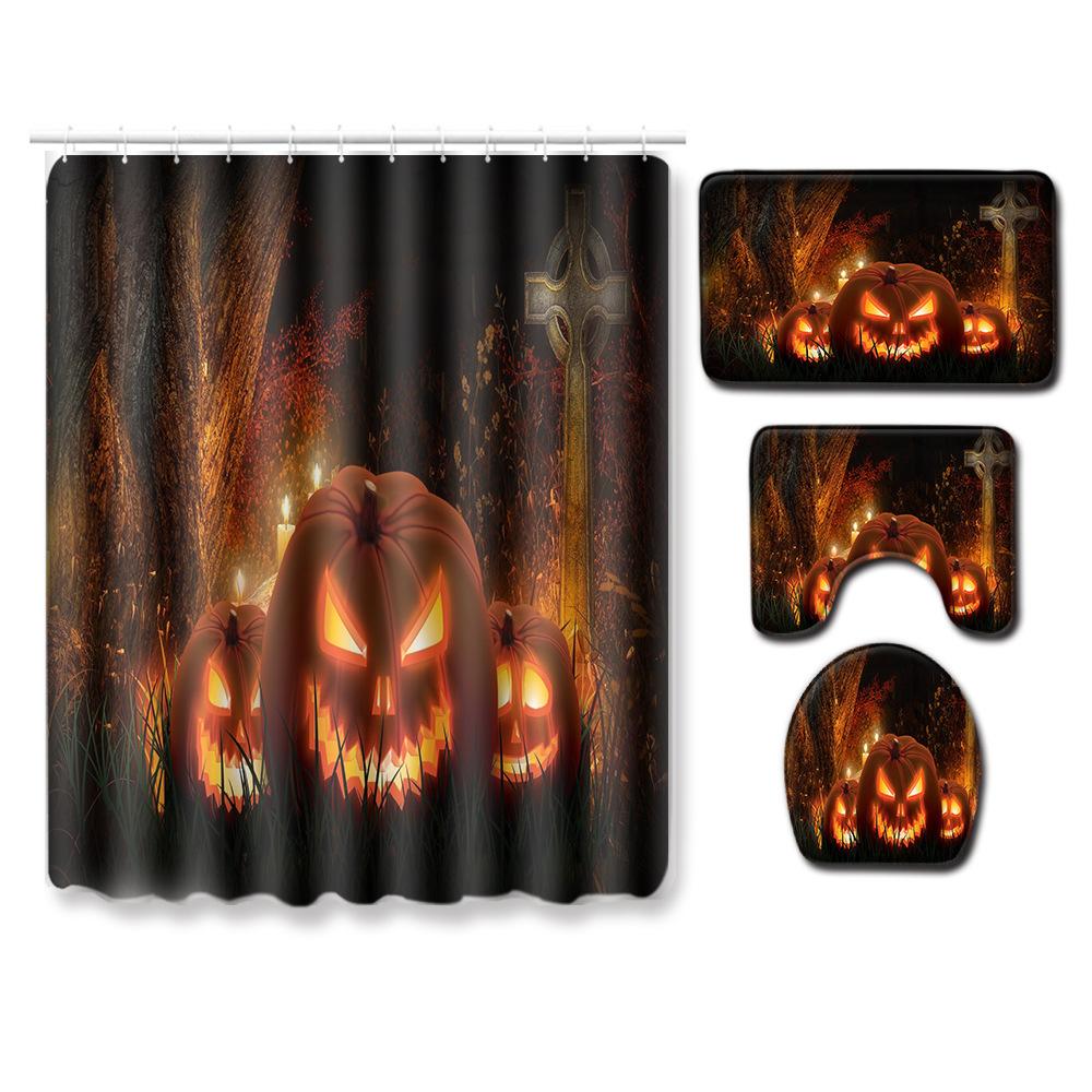 Halloween Series Bathroom Shower Curtain Floor Mat Toilet Cover Foot Mat Four-Piece Set