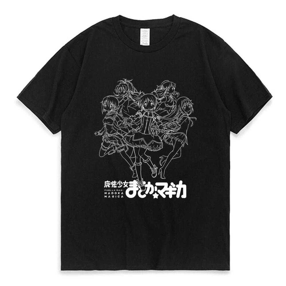 Футболки Madoka Magica Черные с круглым вырезом Кавайные футболки Аниме Магические Девочки Необходимые футболки с коротким рукавом Унисекс Одежда Топы