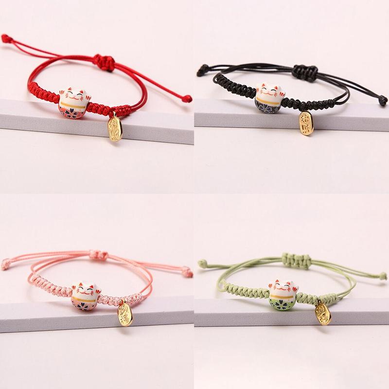 Браслет из керамики с плетением из вощеной нити, милый браслет-кошка, привлекающий богатство, регулируемый браслет-веревочка на руку