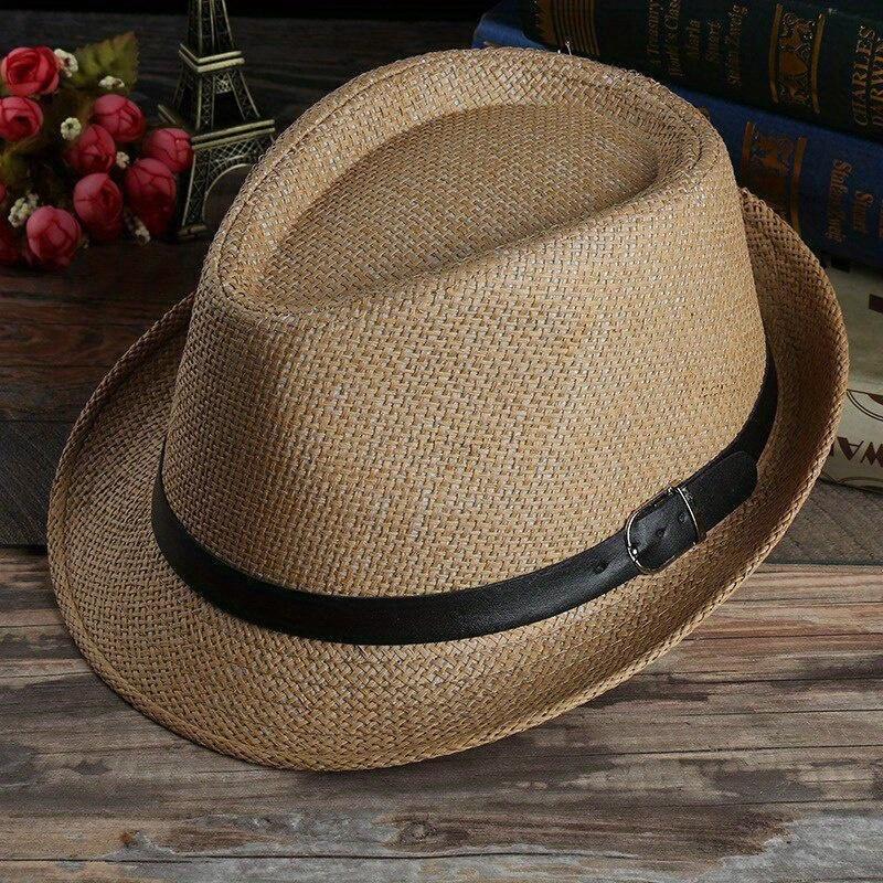 Men's Hat Woven Straw Sunshade Hat Casual Hat Belt Buckle Beach Hat Straw Sun White Wedding Black Belt Fedoras