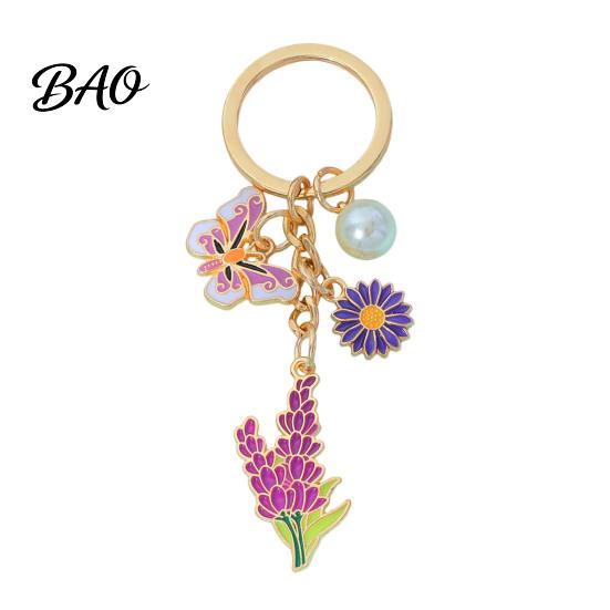 Keychain Pendant with Round Imitation Pearls, Flower Butterfly Enamel Charm Multi-color Key Ring, Pastoral Style Layered Holder Strong Chain Keyring