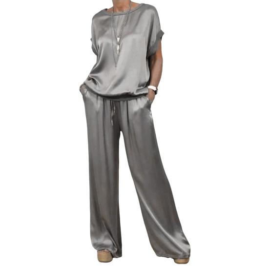 Women's Satin Silky Two-Piece Set Casual Crew Neck Short Sleeve Top Wide Leg Pants Set Loose Loungewear Outfit for Spring Summer