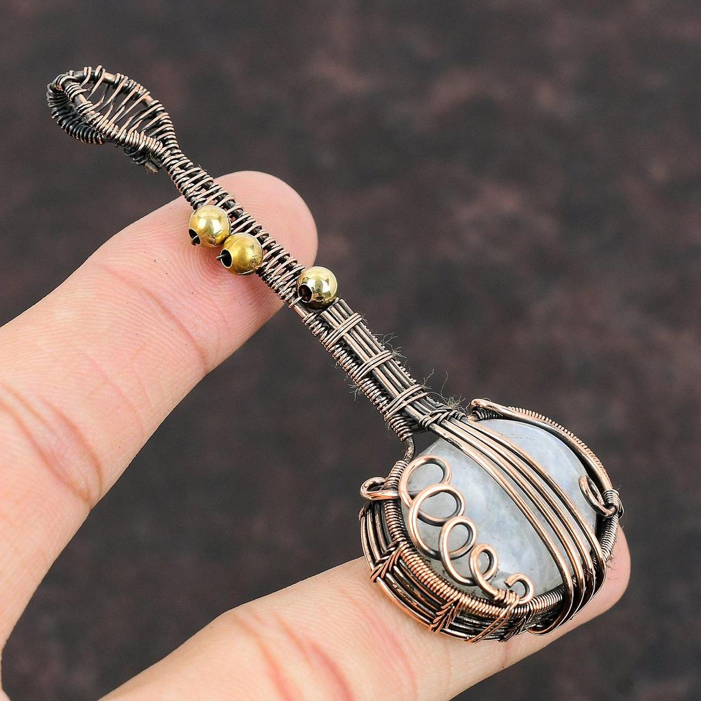 Подвеска из радужного лунного камня, подвеска из медной проволоки, подвеска из драгоценного камня, музыкальный инструмент, ювелирное изделие ручной работы, кулон в подарок для нее, подвеска в виде гитары