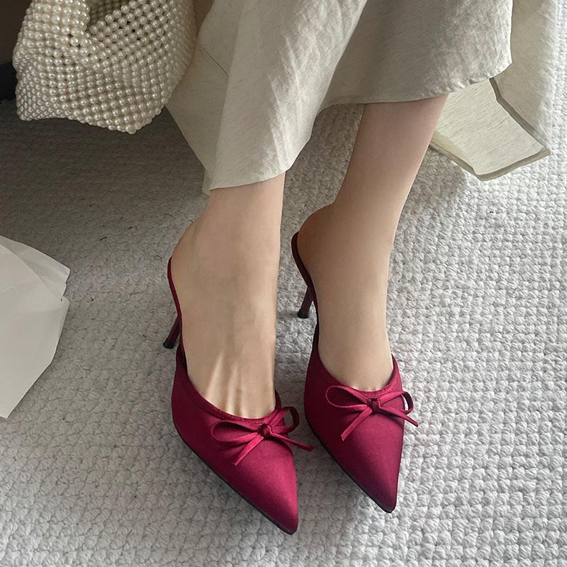 Мода Большой Размер 43 Модные Туфли-лодочки с бантом-бабочкой Женские С острым носом Слайды Женские Туфли-лодочки на каблуке Сандалии Обувь Мюли