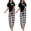 Женский комплект из 2 предметов: топ и брюки, летняя пижама, клетчатые брюки, круглый вырез, короткий рукав, футболка, домашняя одежда, повседневная одежда