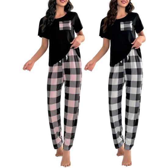 Женский комплект из 2 предметов: топ и брюки, летняя пижама, клетчатые брюки, круглый вырез, короткий рукав, футболка, домашняя одежда, повседневная одежда