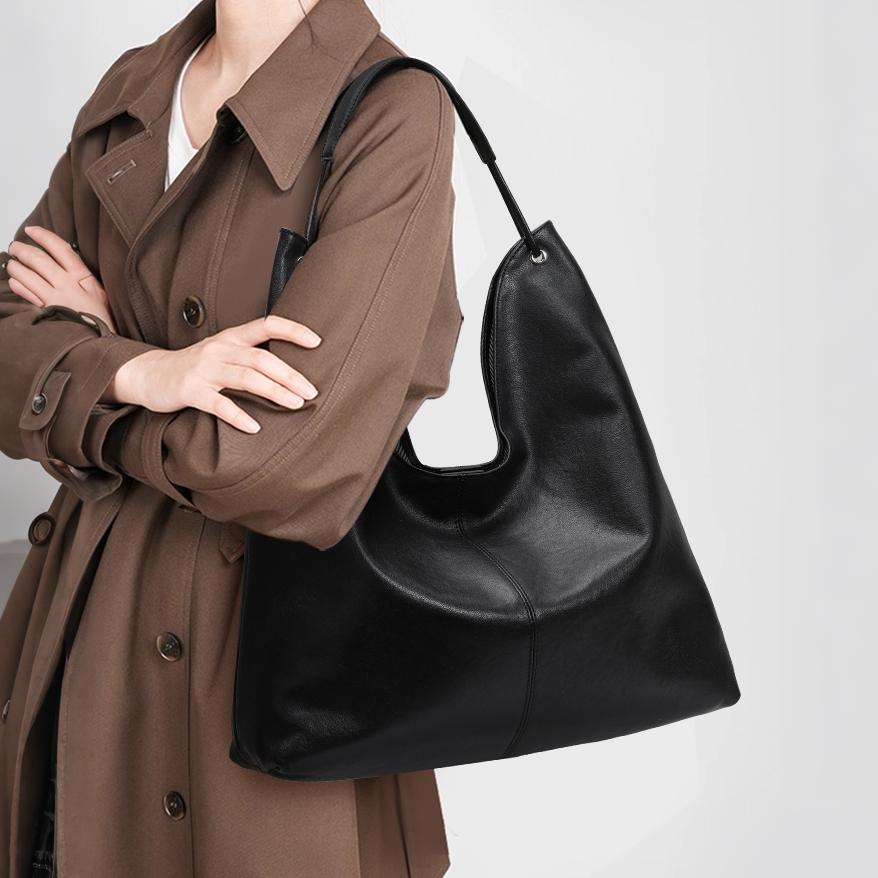 Women's Hobo Bag Genuine Leather Second Layer Soft Cowhide Handbag Black Fashion Shoulder Bag for Everyday Use