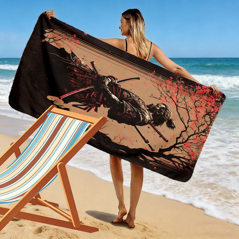 Japanese Samurai Print Beach Towel, Large Soft Quick Dry Towel for Beach Camping Swimming
