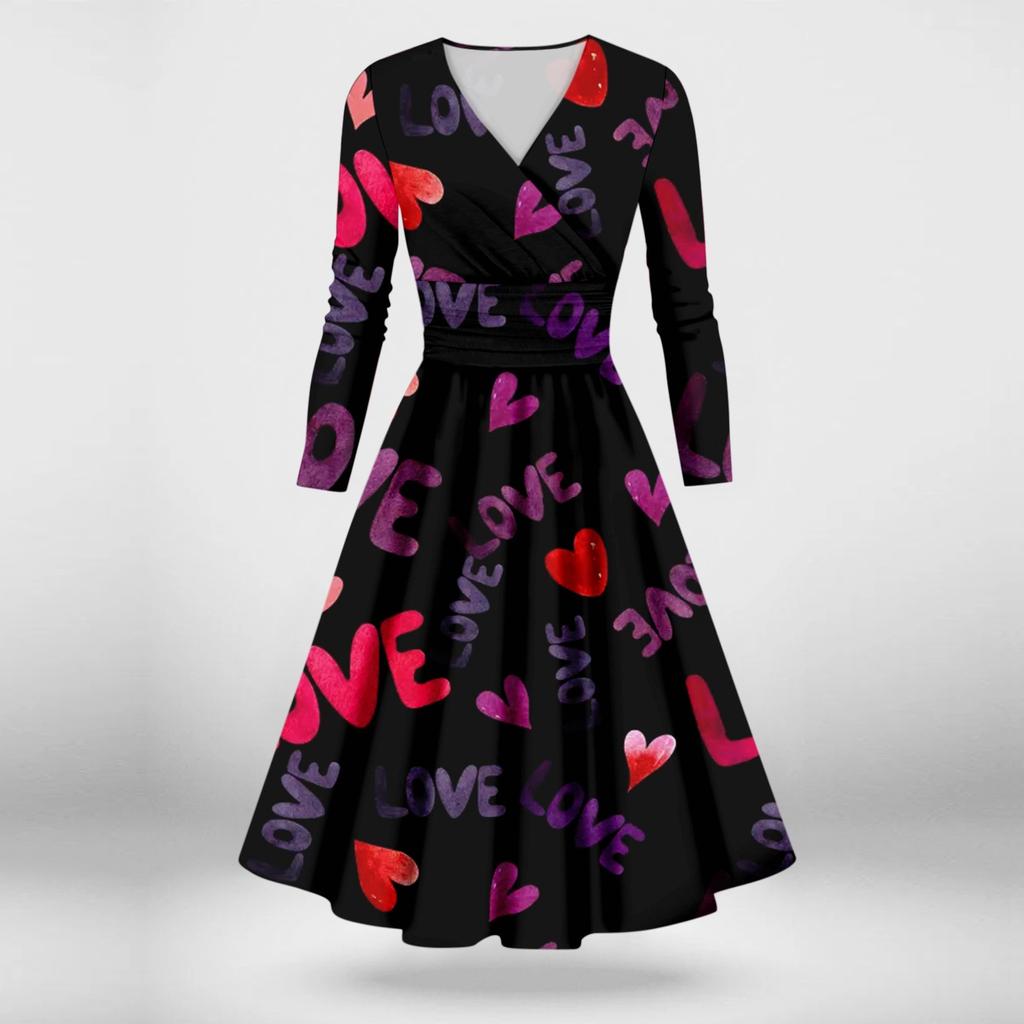 Женская мода повседневное сексуальное платье с длинным рукавом и v-образным вырезом с принтом ко Дню святого Валентина