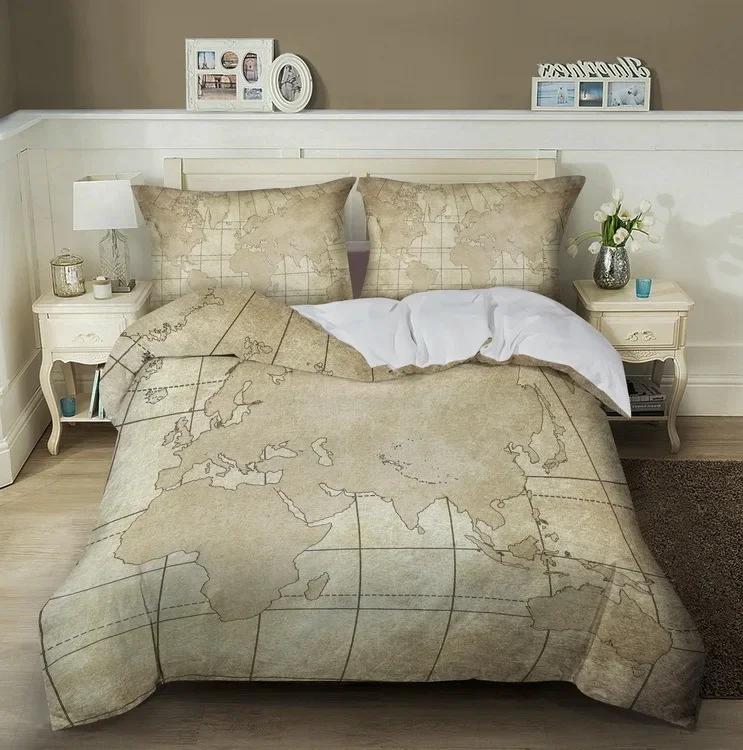 Комплект постельного белья с морской картой King Queen Brown в винтажном стиле Морская карта мира Компас Пододеяльник Карта океана Полиэстеровый чехол для одеяла