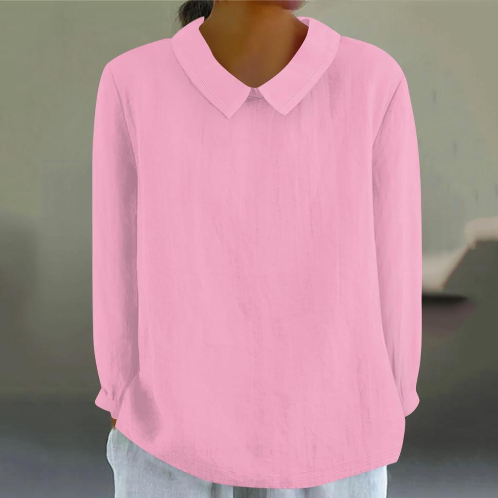Women's Fashion Doll Collar Long Sleeve Loose Solid Color Shirt Casual Button Top