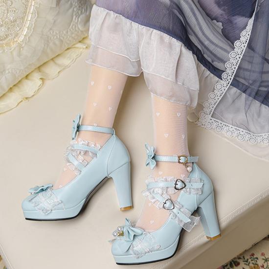 Милая стильная кружевная обувь в стиле Лолиты с бантом, милые туфли ярких цветов, модная повседневная обувь на высоком толстом каблуке с пряжкой