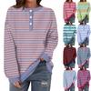 Women's Casual Fashion Comfortable Striped Long Sleeve Round Neck Button Casual Loose Hem Side Slit T-Shirt Tops