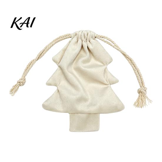 Reusable Fabric Gift Wraps Christmas Tree Shaped Bag, Drawstring Treat Goody Bags with Pompoms Durable Polyester Sacks Bells, Winter Present Wrapping