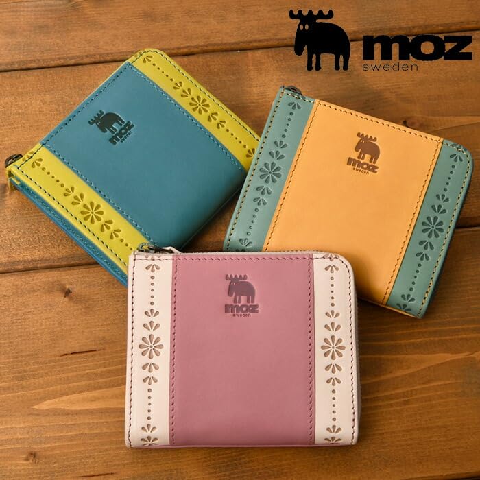 [moz] 86064 Короткий кошелек L-Zip из натуральной кожи, Двухцветная цветовая гамма, Карманного размера, Дизайн с лосем, Женский, Синий