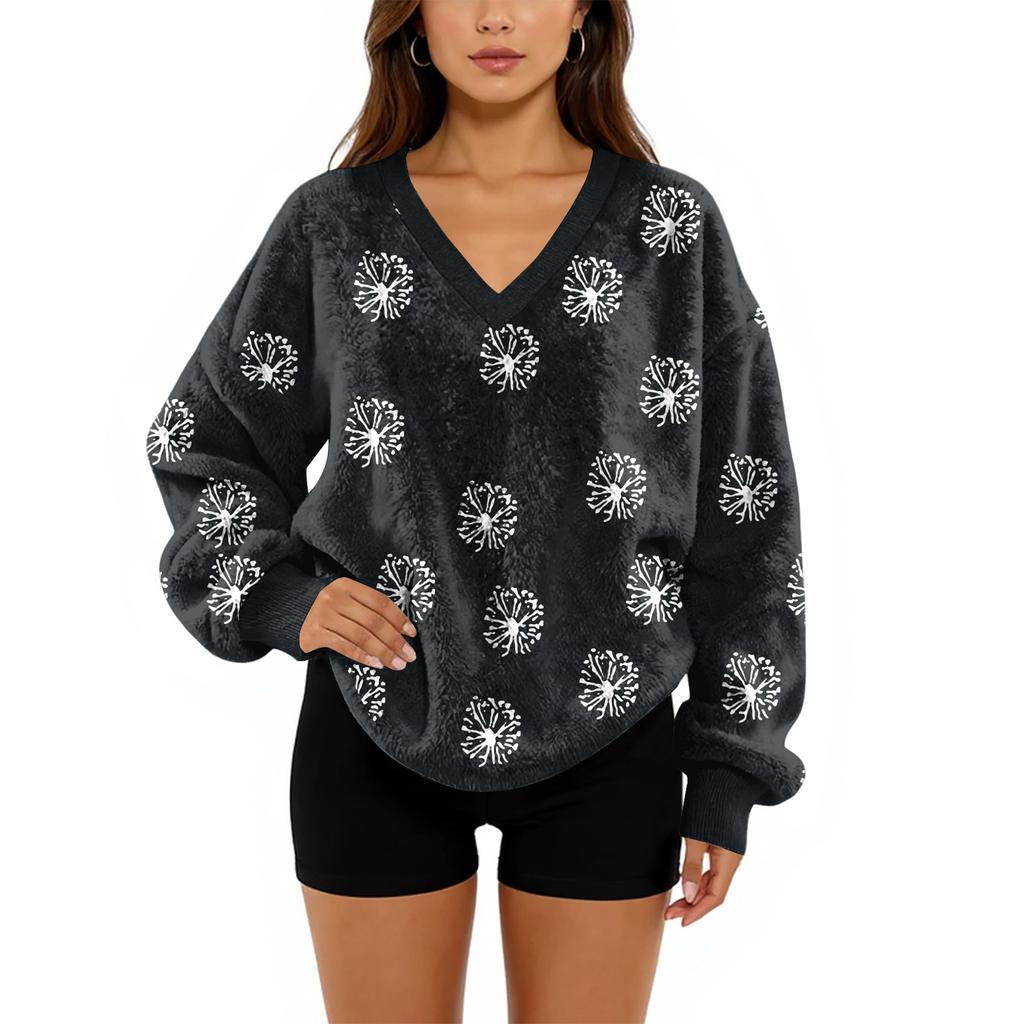 Women's V-Neck Sweatshirt Plush Color Casual Fashion Long Sleeve With Pocketed Pullover Top