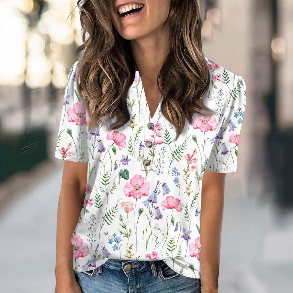 Women's Fashion Casual Flower Print V-neck Short Sleeve Button Up T-shirt Top