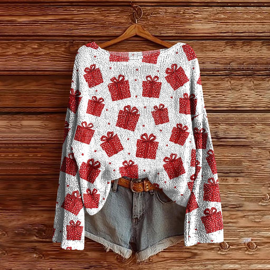 Women's Christmas Print Lightweight Sweater Casual Long Sleeve Knitted Pullover