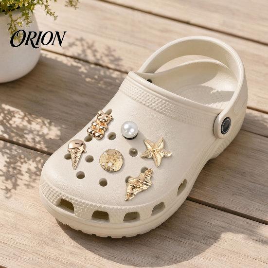 Faux Pearl Shoe Charms 6Pcs/Set Gold-Tone Charms, Summer Ice Cream Shell Starfish Charm for Clogs Women Girls Beach Footwear Decor Accessories