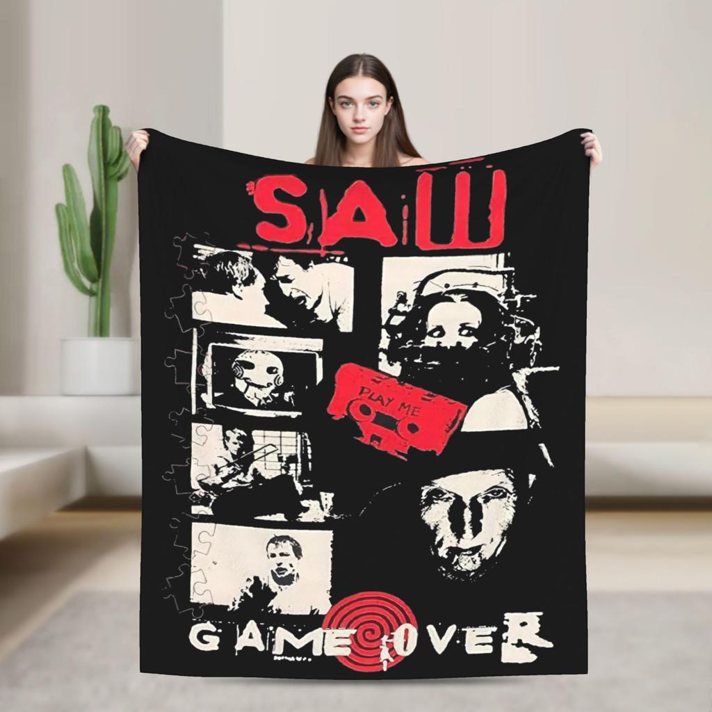 Saw Horror Movie Fashion Blanket Cover Funny Halloween Jigsaw Flannel Throw Fashion Blankets Home Couch Printed Soft Warm Bedspreads Breatha