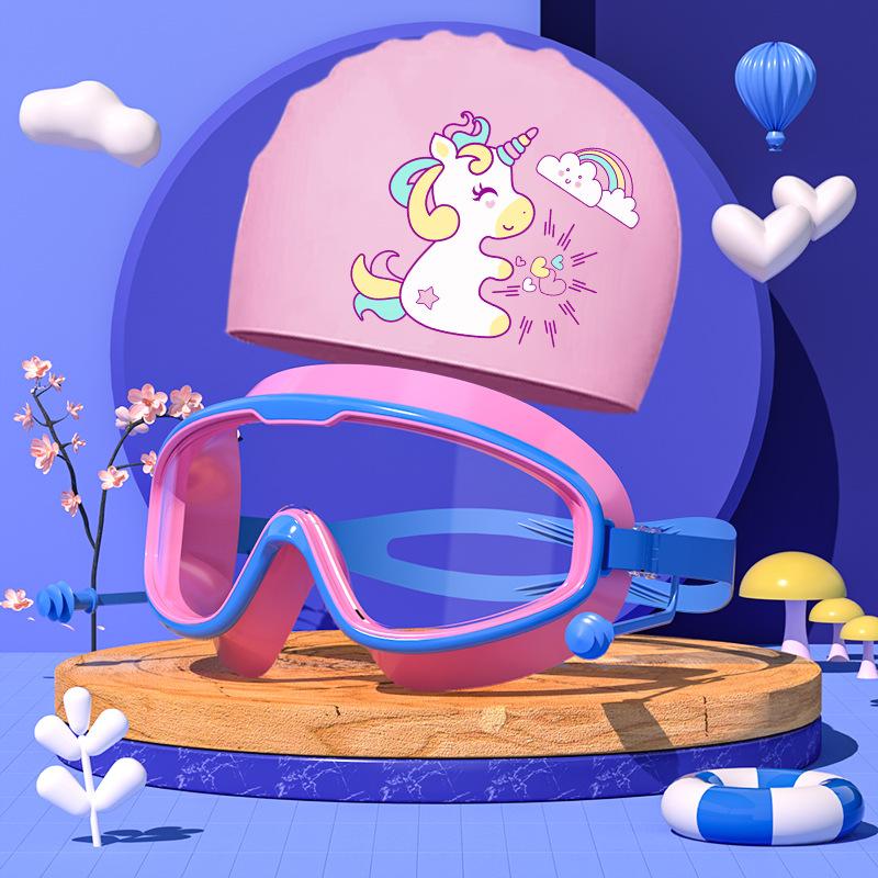 Комплект из очков и шапочек для плавания, детские очки с большой оправой, водонепроницаемые, противотуманные, для мальчиков и девочек, плавательные очки с рисунком, шапочка для купания