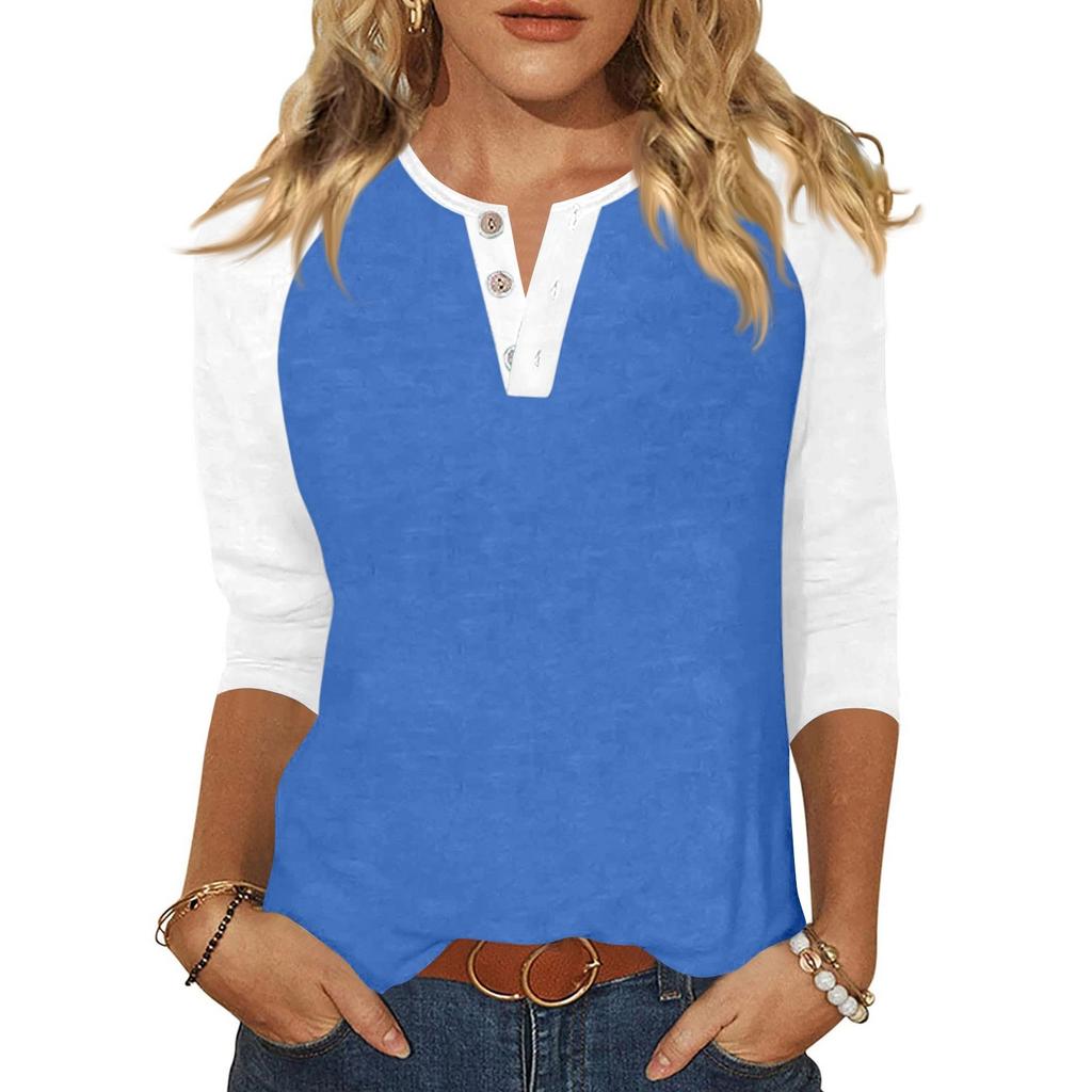 Жен. Футболка С принтом Пуговицы Рукав 3/4 Повседневные Выходные Мода Классический Классический V-образный вырез Обычный Верх