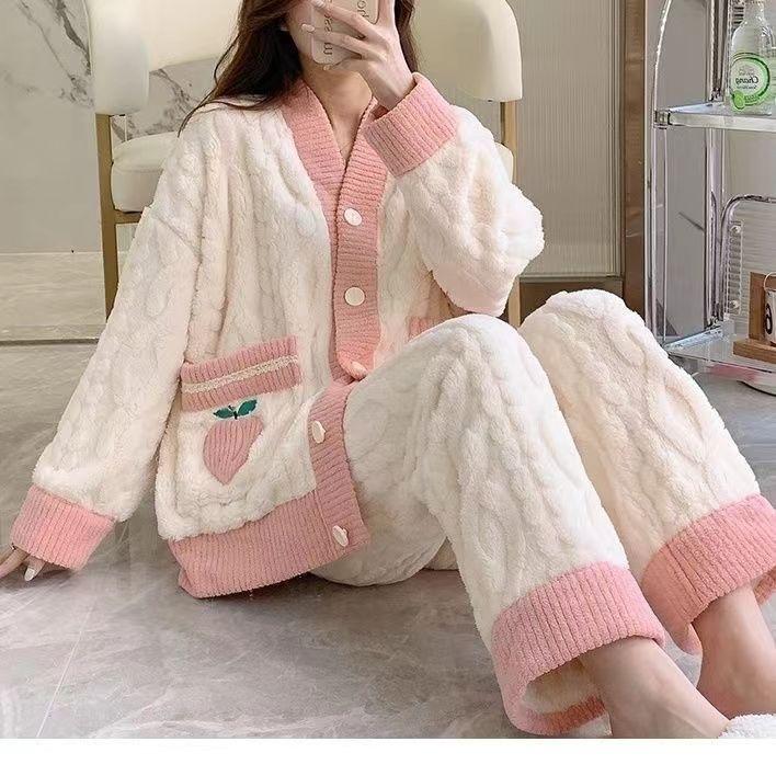 Sweet Lolita Princess Pajamas Set Women's Cute Embroidery Peach Pattern Coral Fleece Warm Sleepwear Girls Home Clothes Pyjamas