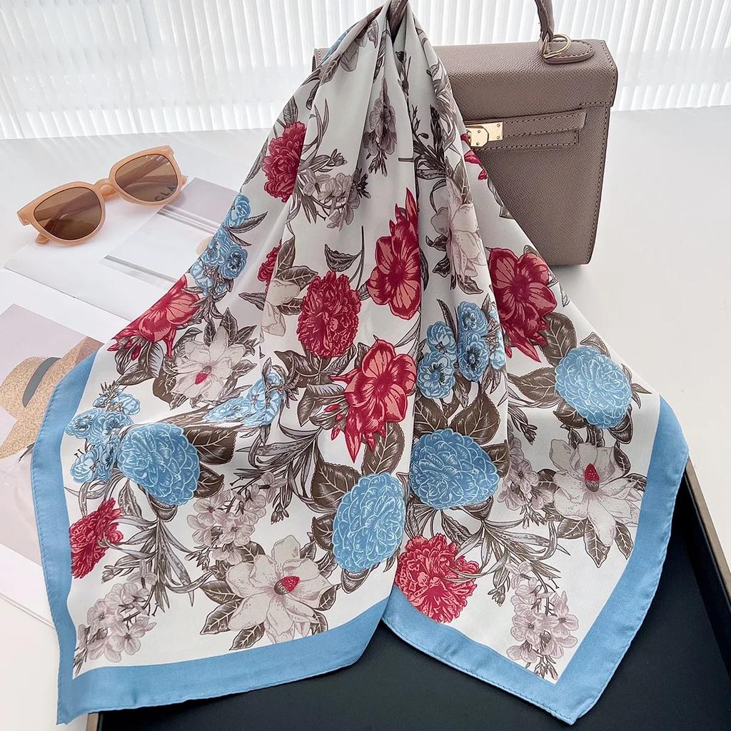 Floral Print Silk Feeling 70cm Square Scarf for Women Bandana Foulard Hairband Neckerchief Soft Satin Hijab Scarves Lady Elegant