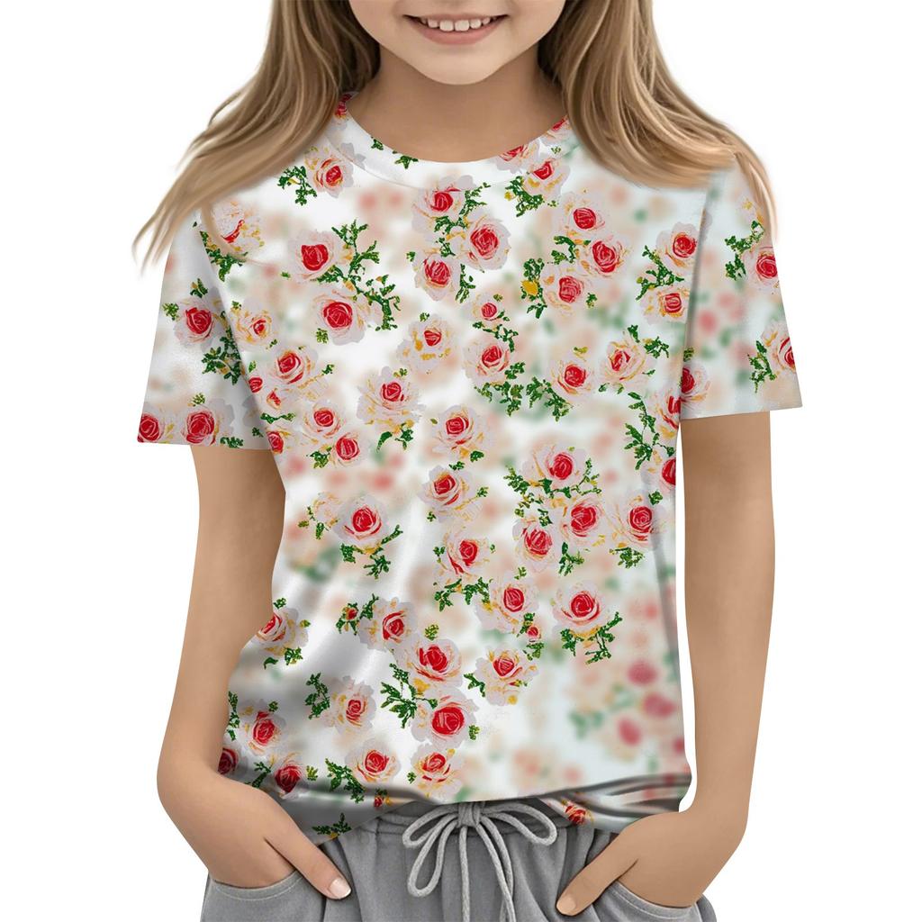 Летний топ с круглым вырезом и 3D-цветочным принтом, модные повседневные футболки с короткими рукавами для девочек