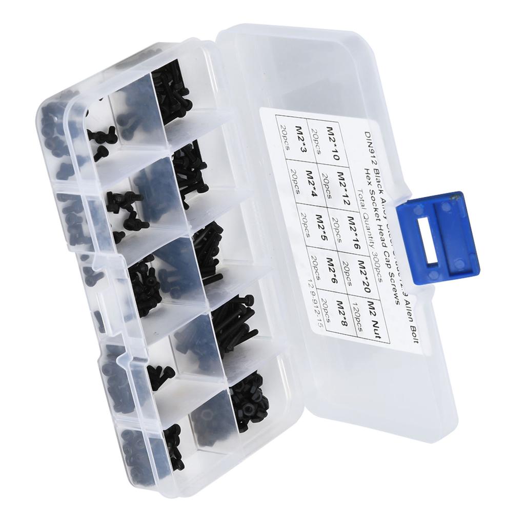 Комплект из 300 болтов и гаек M2 x 320 мм из черной легированной стали класса 12.9 с шестигранным углублением под ключ