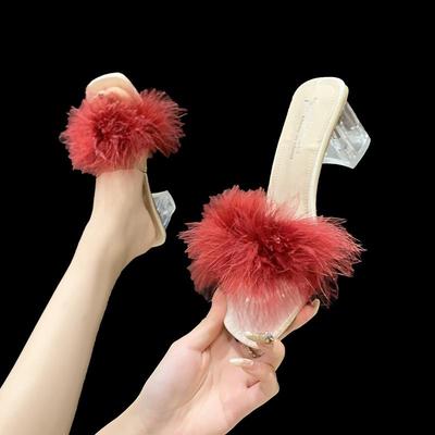 2025 Корейский стиль Пушистые туфли на высоком каблуке с ремешком: Идеально подходит для утренних халатов невесты и подружки невесты.