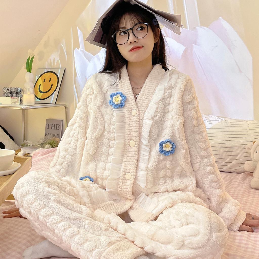 Coral Velvet Pajamas Winter Women Clothing Pajamas Sets Two Pieces Warm Flannel Thick Cute Kawaii Sleepwear Loungewear Suits New