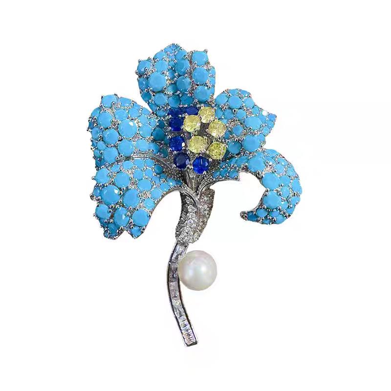 Ретро брошь-ирис с бирюзовой инкрустацией и цепочка для свитера - Роскошный двусторонний 3D женский аксессуар