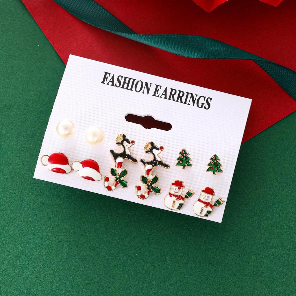 High-End Christmas Cartoon Earrings Set: Pearl Elk, Santa Hat, Snowman, and Candy Cane Designs for Women
