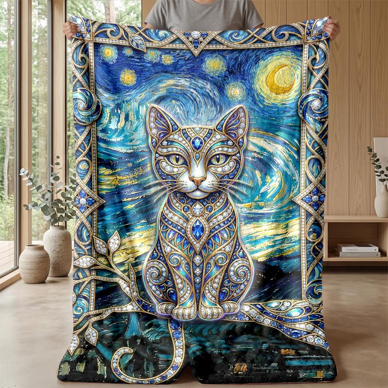 Space Cats Pattern Theme blanket Lightweight Warm Flannel Blanket Decorative Throw Blanket for Home Decoration